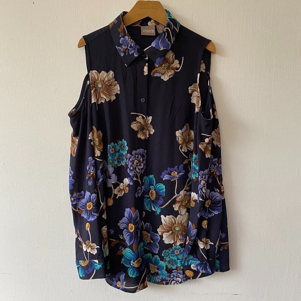 Chicos Cold-Shoulder Blouse Womens Small Blue Floral Collared Button Front